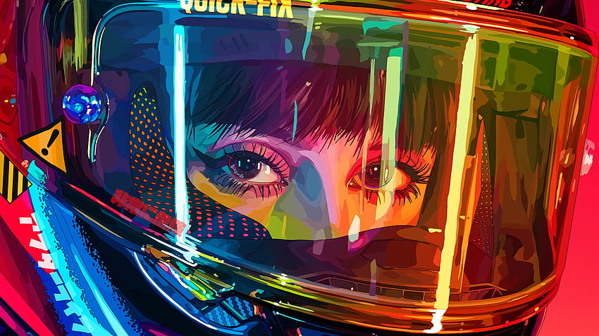 色ウルトラ、色のヘルメットを持つ女性バイカー 高画質の壁紙