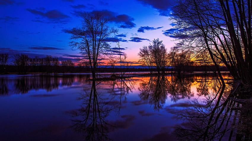 Colorful Sunset, Ontario, Canada, reflections, river, colors, clouds, trees, sky, water HD wallpaper
