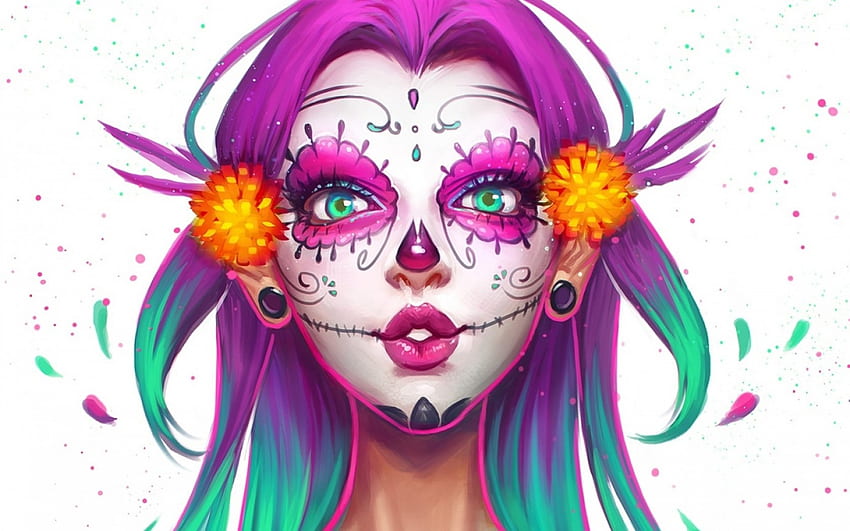 Sugar skull face, white, art, ayyasap, girl, orange, woman, halloween, pink, fantasy, make-up, flower, green, face, sugar skull, dia de los muertos HD wallpaper