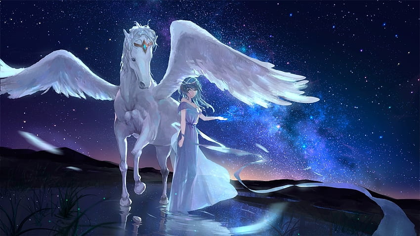 Pegaz i dziewczyna, niebieski, skrzydła, biały, księżyc chibi, ponura noc, dziewczyna, pegaz, anime, fantasy, manga Tapeta HD