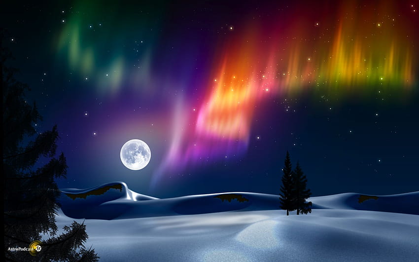 Aurora Borealis Landscape Moon Night Starry Sky Artistic Surreal