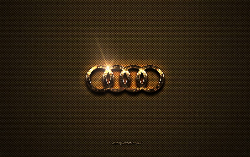 Złote logo Audi, grafika, brązowe metalowe tło, godło Audi, kreatywne, logo Audi, marki, Audi Tapeta HD