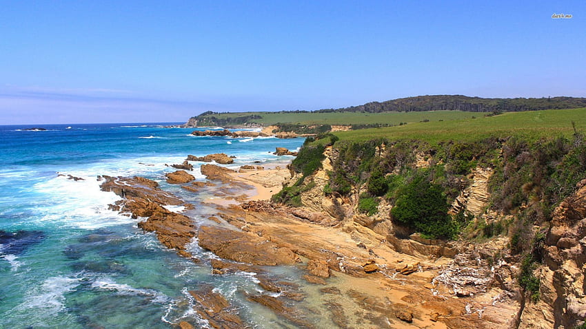 rocky narooma beach in australia, sea, rocky, coast, grass, cliff HD wallpaper