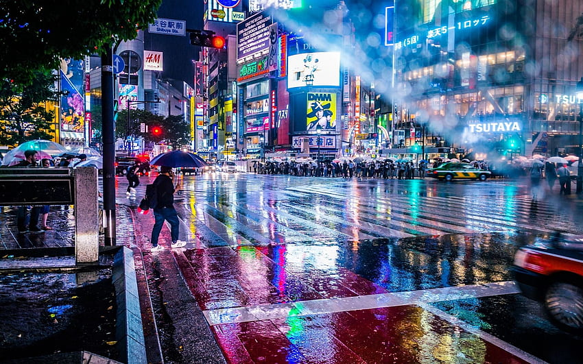 โตเกียว เมืองกลางคืน ฝน ตึกระฟ้า มหานคร วอลล์เปเปอร์ HD