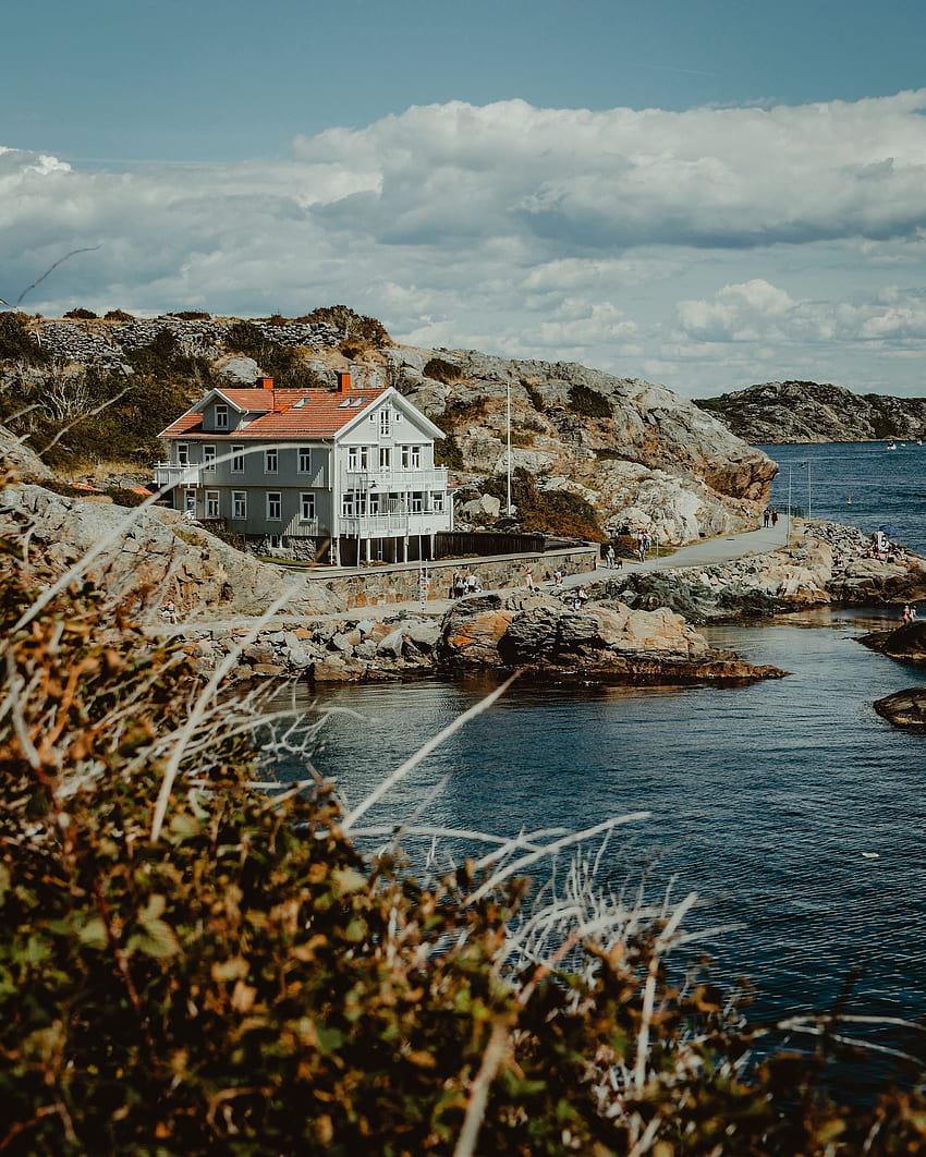 Naturaleza, Mar, Rocas, Shore, Banco, Casa, Suecia, Gotemburgo fondo de pantalla del teléfono
