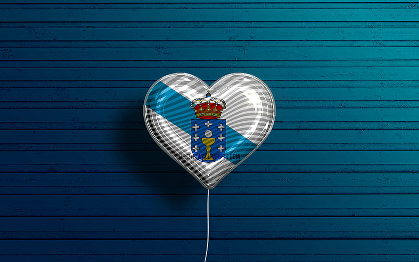 Ich liebe Galizien, realistische Luftballons, blauer Holzhintergrund, Tag von Galizien, Gemeinschaften von Spanien, Flagge von Galizien, Spanien, Ballon mit Flagge, spanische Gemeinschaften, Flagge von Galizien, Galizien HD-Hintergrundbild