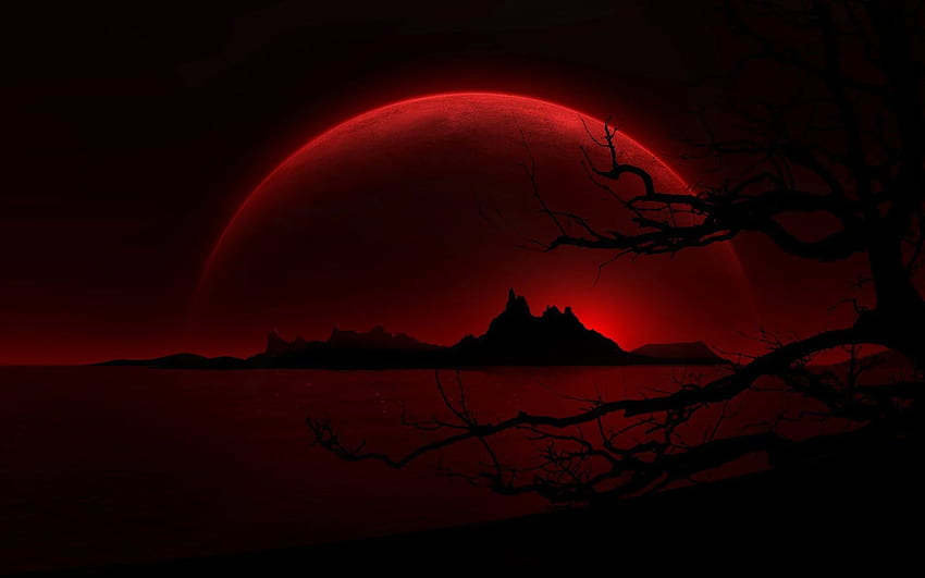 Dark-Paisaje Red Moon Crimson Night Dark Black. Rojo oscuro , Rojo y negro , Paisaje oscuro fondo de pantalla