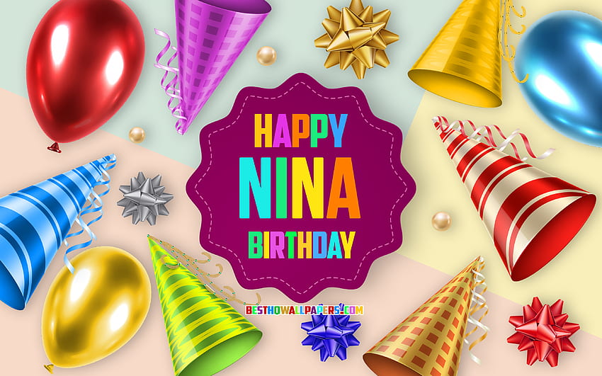 Happy Birtay Nina, , Birtay Balloon Background, Nina, творческо изкуство, Happy Nina birtay, копринени лъкове, Nina Birtay, Birtay Party Background HD тапет