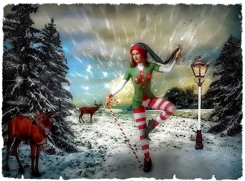 Winter Wonderland, artwork, painting, deer, firs, animals, snow, girl HD wallpaper