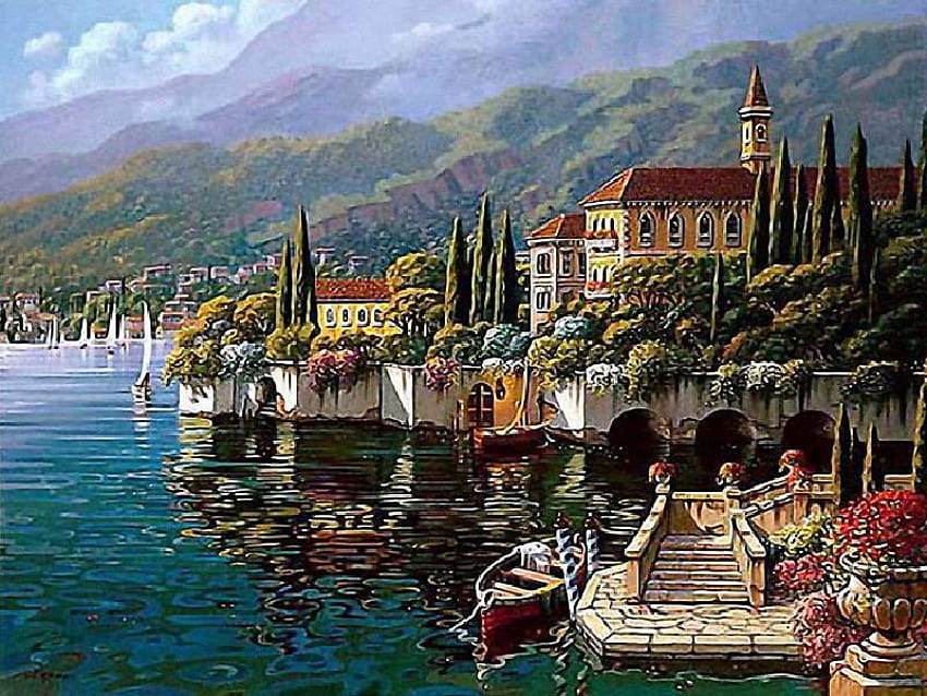 Altes Dorf, Boot, Dörfer, Berge, Stufen, Wolken, Bäume, Blumen, Wasser HD-Hintergrundbild