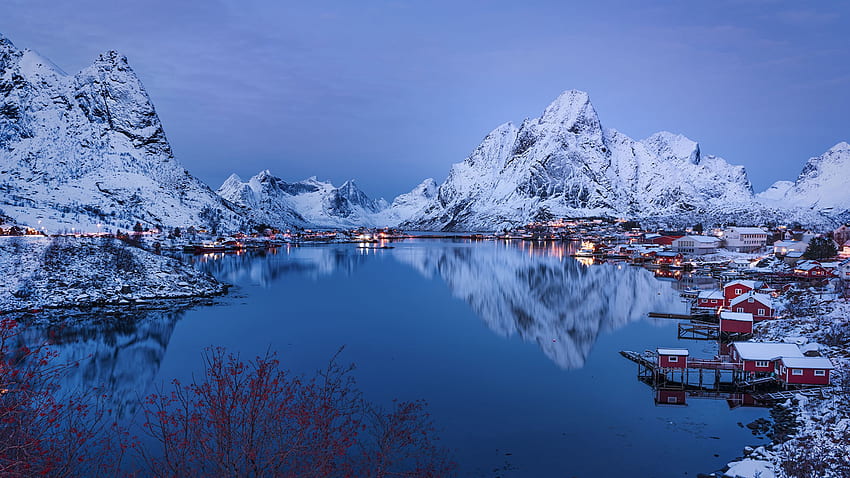 Lofoten Norwegia Reine Alam Pegunungan Musim Dingin Wallpaper HD