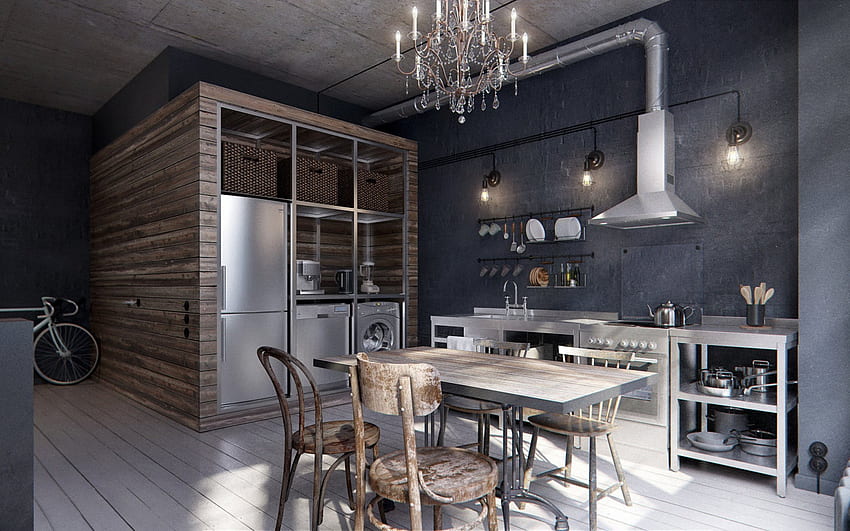 stylish interior design, kitchen, industrial style, loft style kitchen, black concrete walls in the kitchen, industrial style kitchen, idea for the kitchen HD wallpaper