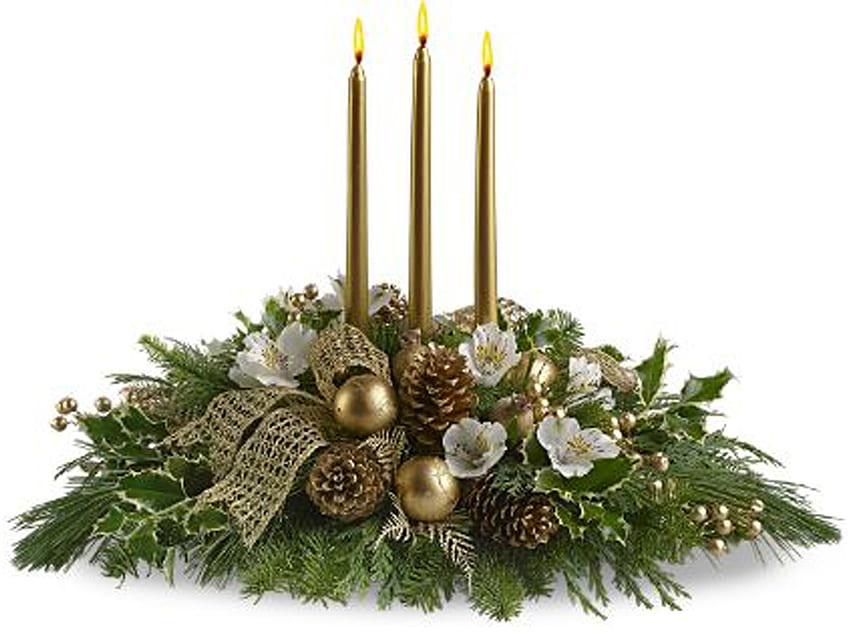 Złote świece, wstążka, Boże Narodzenie, płomienie, zieleń, szyszki sosnowe, kwiaty Tapeta HD