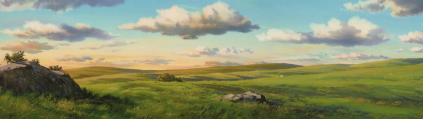 アニメの風景 草と雲。 アニメの風景、スタジオジブリ 3840 X 1080 高画質の壁紙