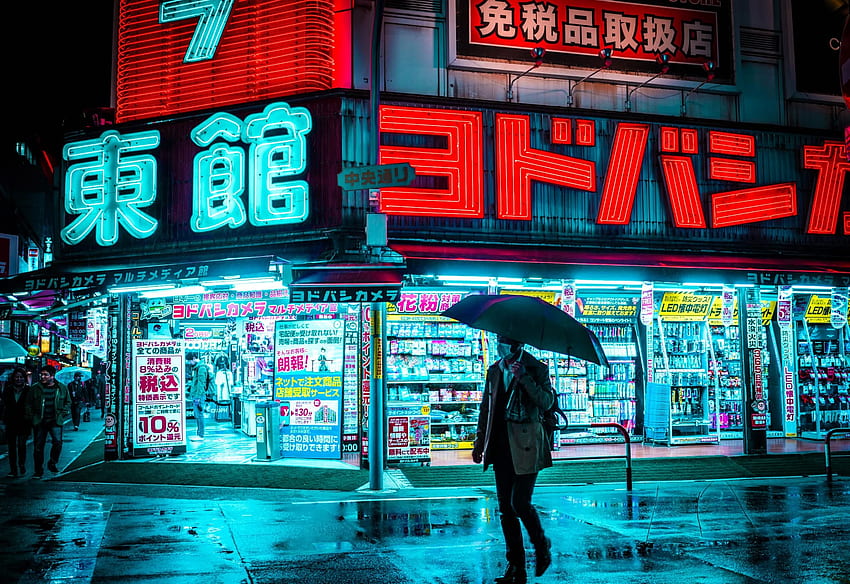 / Токио, Япония, дъжд, циан, червено, неоново сияние, неон, градски светлини, мокра улица, ярко, чадър, teemus, Neon Tokyo HD тапет