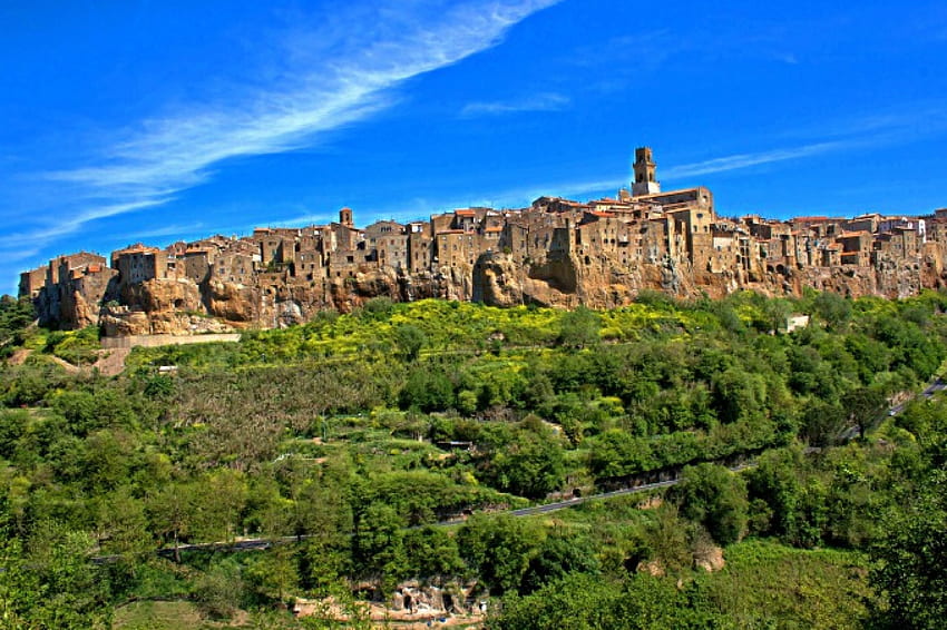 Pitigliano_Italy, town, Architecture, colors, monument, houses, ancient, Italia, ruins, medieval, trees, hills, Italy, panorama, rock, Pitigliano, old, green, antique, building, view, street, sky, village HD wallpaper
