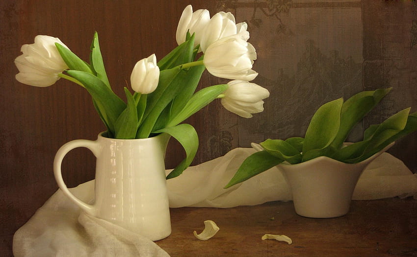 flores, tulipanes, verdes, ramo, jarra, blanco como la nieve, bufanda fondo de pantalla