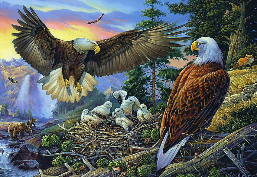 Eagle Shelter, sunset, nest, wings, artwork, painting, chicks HD wallpaper