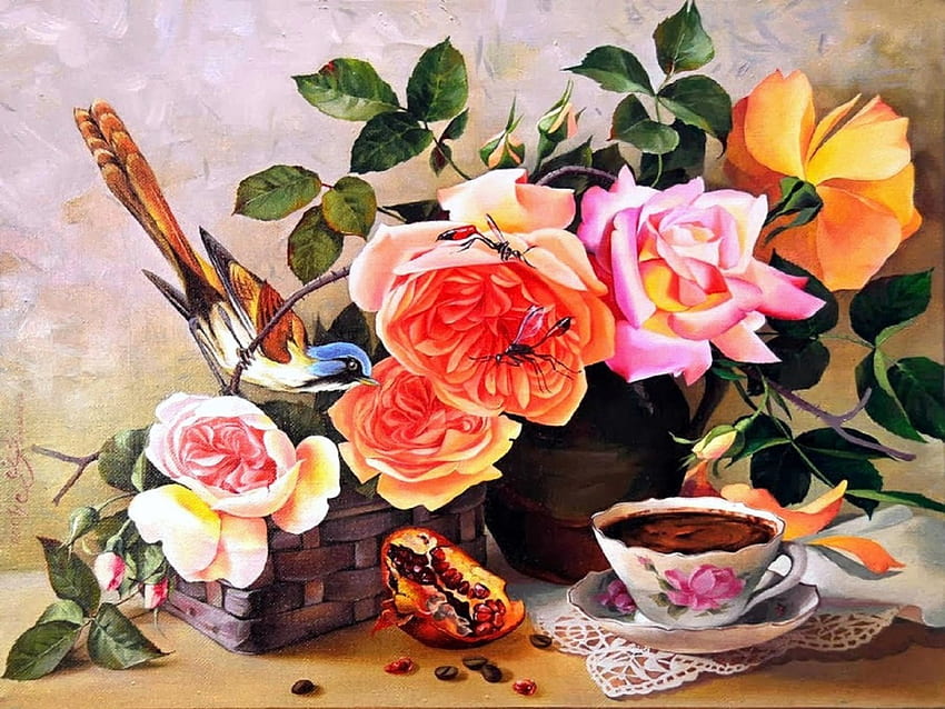 ..Generous Blooming.., beloved valentines, birds, roses, colors, insects, paintings, beautiful, lovely still life, creative pre-made, cups, love four seasons, pretty, drawings, draw and paint, flowers, lovely HD wallpaper