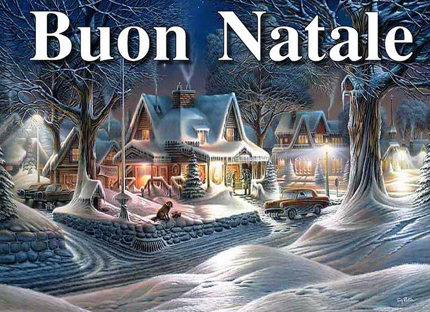 Buon Natale, kış, tatil, ışıklar, noel, ev, ağaçlar, bankalar HD duvar kağıdı