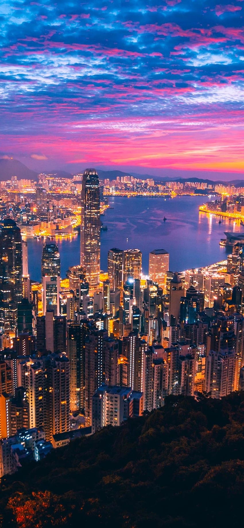 Hongkong City View Budynki Light Night iPhone XS Tapeta na telefon HD
