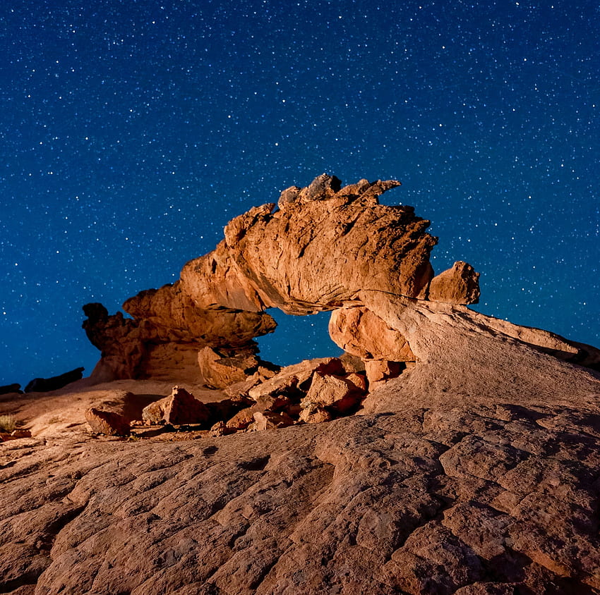 Rocky cliff, starry sky, night, nature HD wallpaper