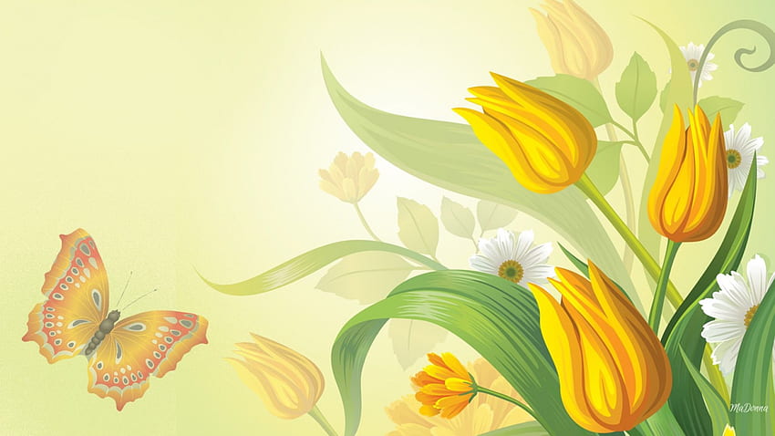 Tulips of Gold, soft, tulips, spring, daisies, fade, butterfly, daisy, yellow, blur HD wallpaper