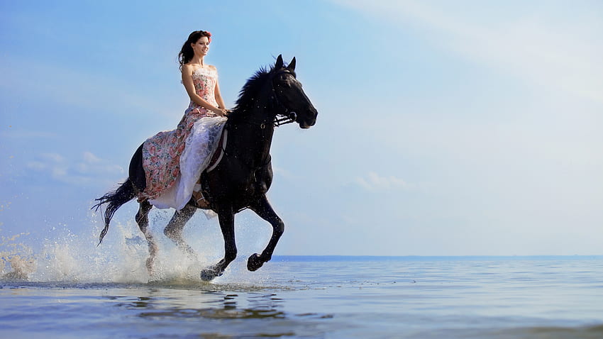 Beautiful Girl, horse, model, woman, beach HD wallpaper