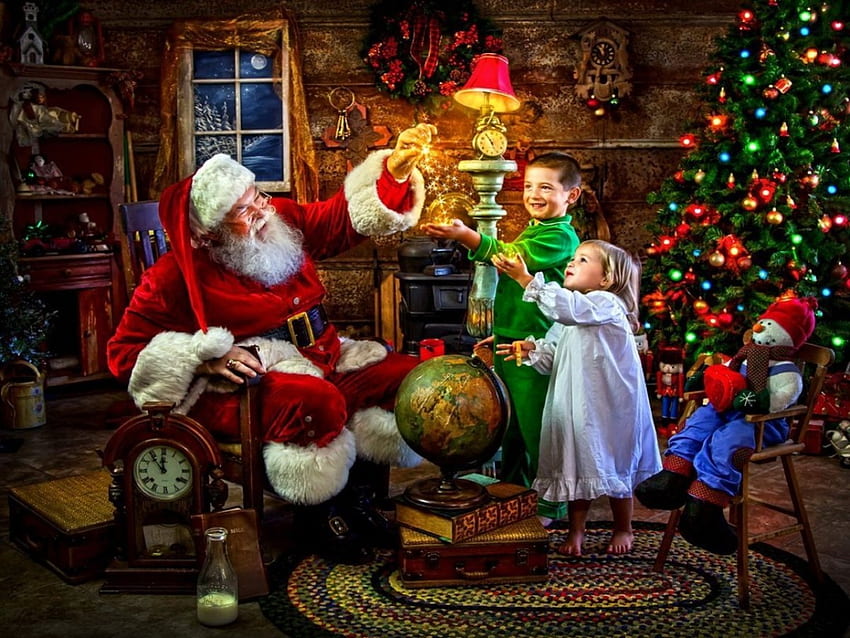 Magia de Papá Noel, invierno, magia, niños, habitación, diversión, acogedor, regalos, chimenea, hermoso, árbol, fiesta, luces, navidad, alegría, santa, hogar fondo de pantalla