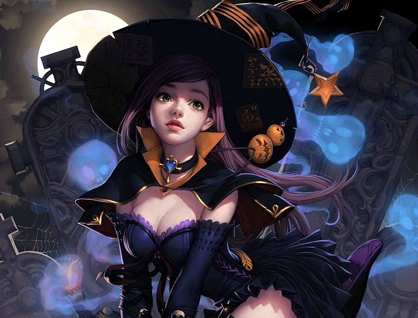 Witch, blue, black, yuan liu, girl, halloween, moon, fantasy, game, luna, legend of the cryptids, hat HD wallpaper