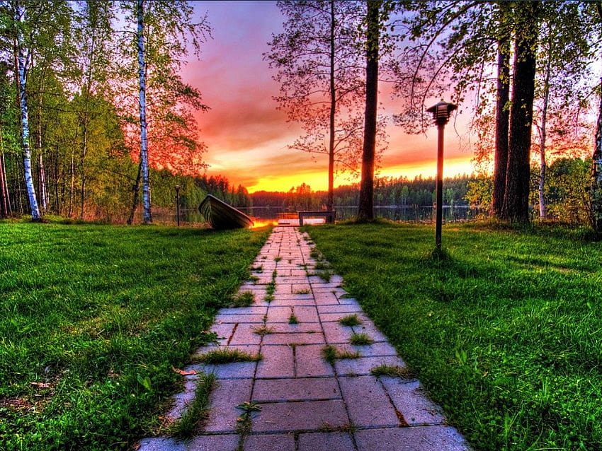 Way to the golden sky, way, path, clouds, trees, sky, road, nature HD wallpaper
