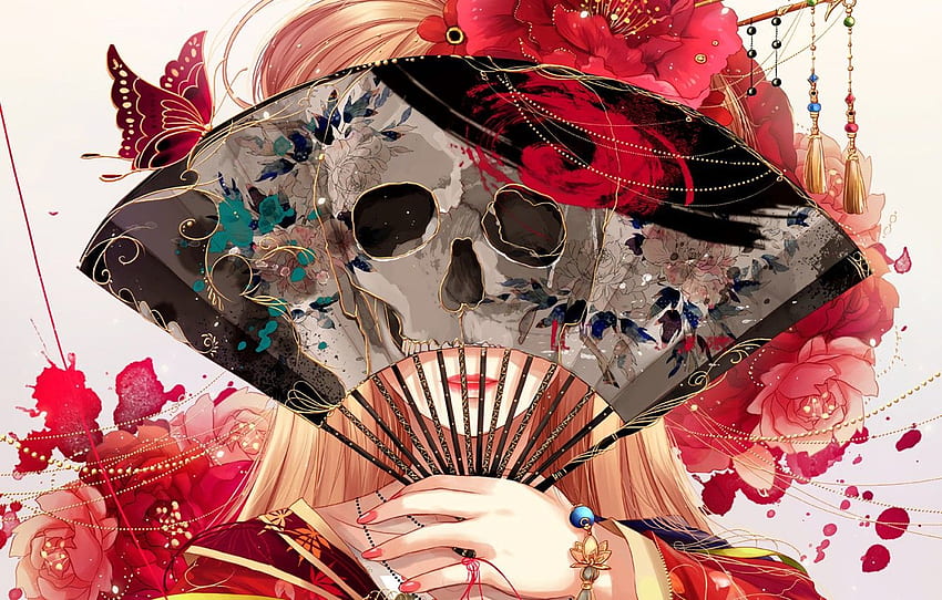 Motyl, kwiaty, twarz, czaszka, ręka - Dziewczyna z anime Wachlarz, czaszki i motyle z anime Tapeta HD