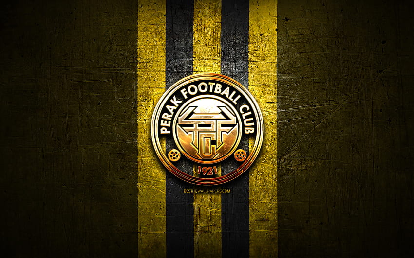 Perak FC, golden logo, Malaysia Super League, yellow metal background, football, malaysian football club, Perak FC logo, soccer, FC Perak HD wallpaper