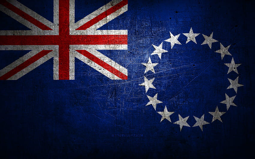 Cook Islands metal flag, grunge art, oceanian countries, Day of Cook Islands, national symbols, Cook Islands flag, metal flags, Flag of Cook Islands, Oceania, Cook Islands HD wallpaper