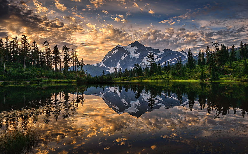 湖、山の湖、日没、夕方、カスケード山脈、シュクサン山、美しい湖、ワシントン州、アメリカ 高画質の壁紙