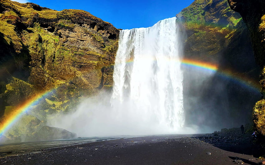 Skogafoss Waterfall in Iceland, with the lighting perfect for a rainbow, colors, river, sky, cliff, rocks HD wallpaper