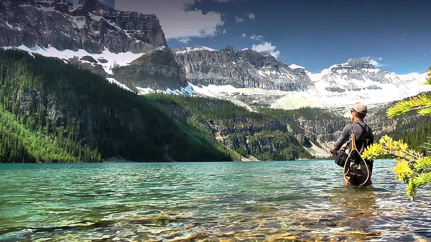 Keine Netzabdeckung: Angeln im Banff-Nationalpark, Alberta, Kanada. Fliegenfischen, Angelausflug, Forellenangeln, Sportfischen HD-Hintergrundbild