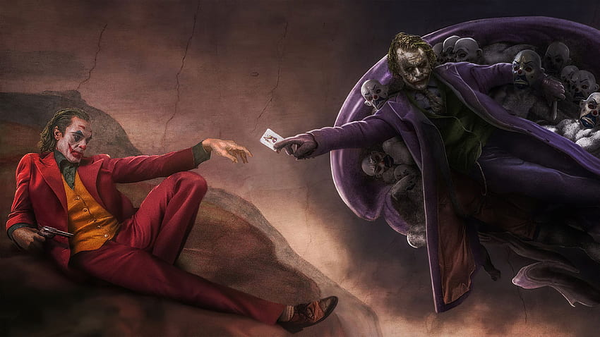 Joker nei panni di Joaquin Phoenix e Heath Ledger nel dipinto di Michelangelo, Creazione di Adamo Sfondo HD