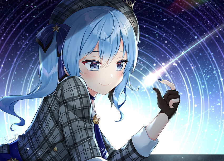 파란 눈 파란 머리 보우 초커 드레스 장갑 모자 홀로 라이브 hoshimachi suisei 긴 머리 나오미 (fantasia) 포니 테일 서명 별 - Anime HD 월페이퍼