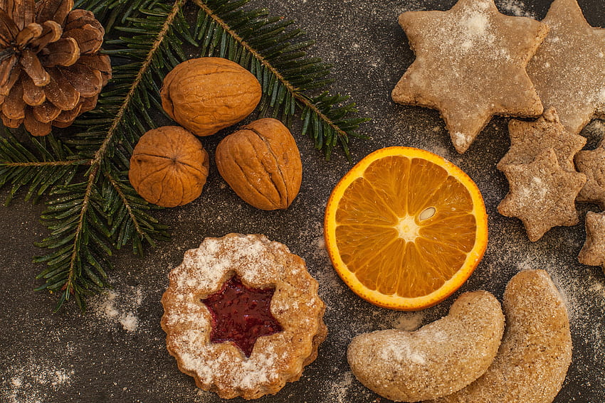 Święta, pomarańcze, ciasteczka, Boże Narodzenie, orzechy włoskie, szyszki Tapeta HD