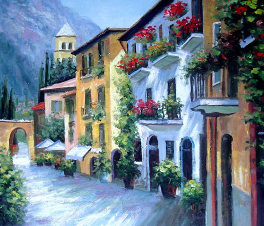 A Beautiful Village, beautiful, flowers, painting, village HD wallpaper