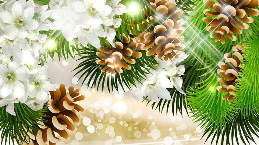 al profumo di pino, vacanze, bianco, pigne, stelle, pino, verde, fiori, decorazione, ramoscelli Sfondo HD