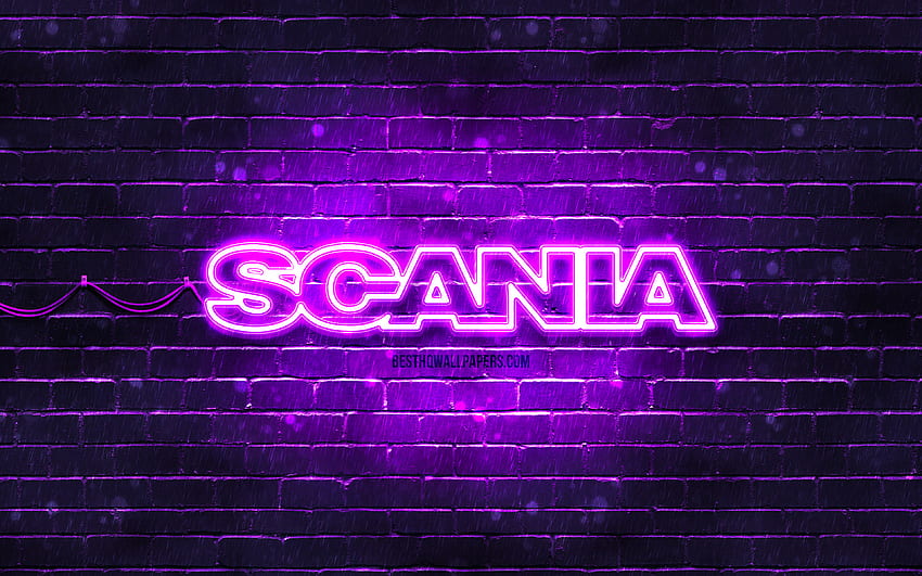 Logo Scania viola, muro di mattoni viola, logo Scania, marchi, logo al neon Scania, Scania Sfondo HD