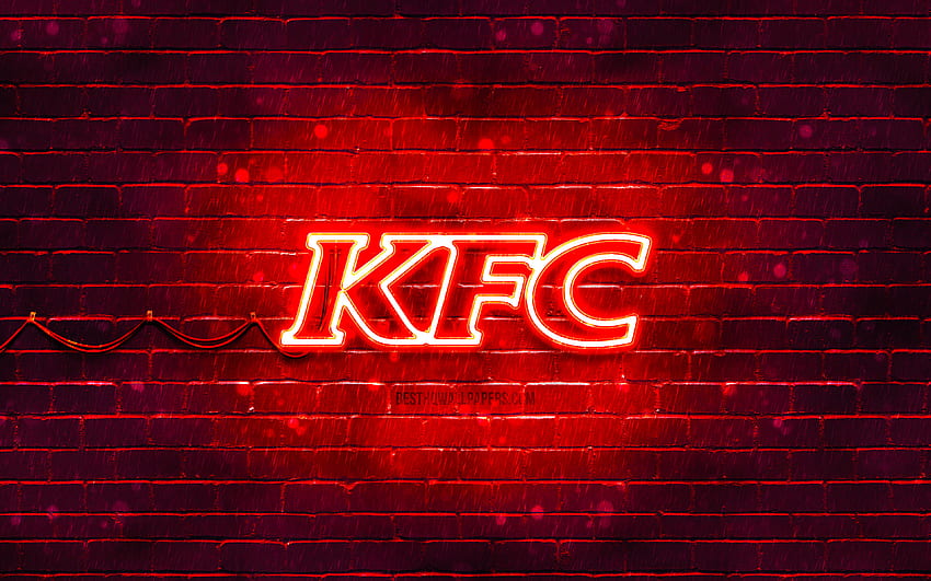 KFC red logo, , red brickwall, KFC logo, brands, KFC neon logo, KFC HD wallpaper
