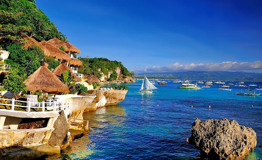 Resort place, seaside, sea, island, town, coast, rocks, vacation, summer, sailboats, ships, rest, huts, view HD wallpaper