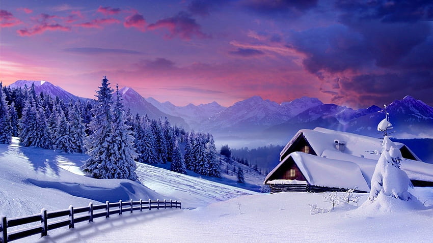 Paesaggio invernale Montagne innevate Village Case ricoperte di neve Recinzione in legno Foresta con alberi di Natale Sfondo HD