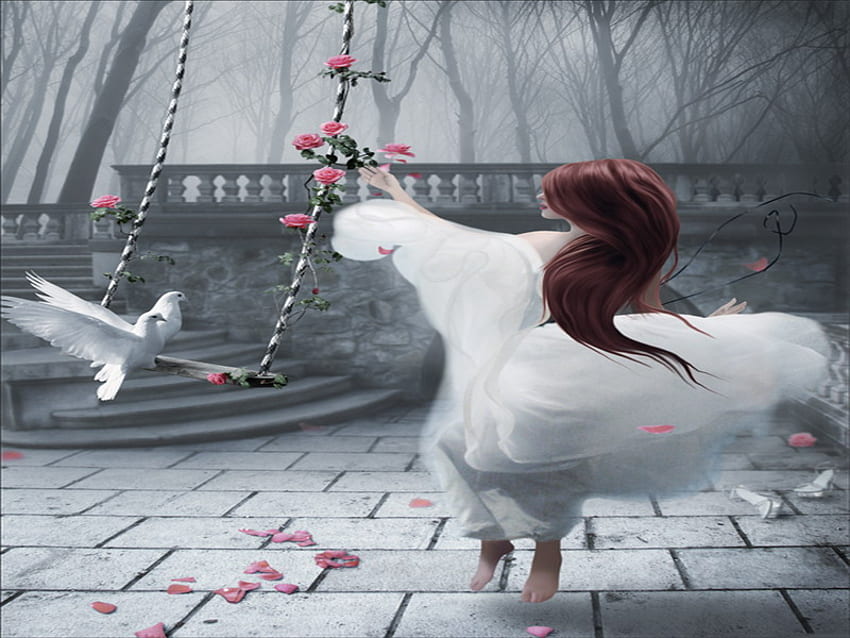 swing, white, dove, flower, girl HD wallpaper