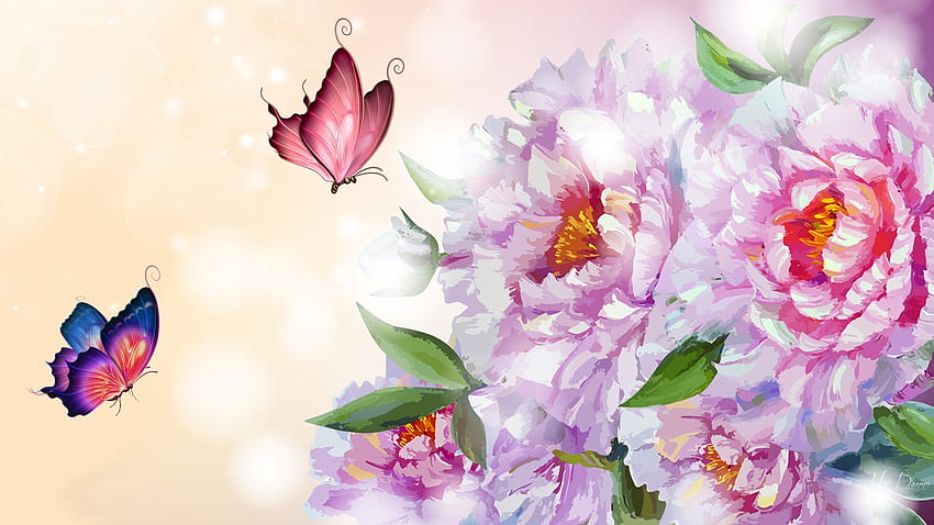 Peonies with Shine, peonies, garden, floral, Firefox Persona theme, summer, butterflies, pink, flowers, fragrant, blooms HD wallpaper