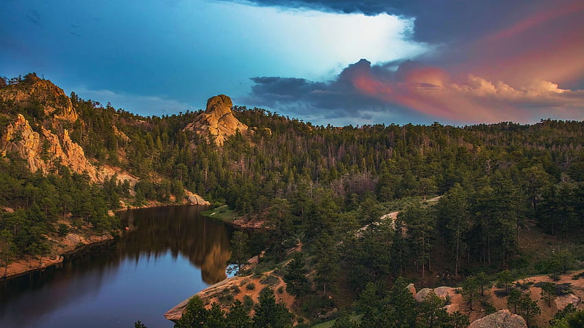 Curt Gowdy State Park Last Light, Wyoming, Stati Uniti d'America, lago, riflessi, alberi, nuvole, cielo, montagne, acqua, foresta Sfondo HD