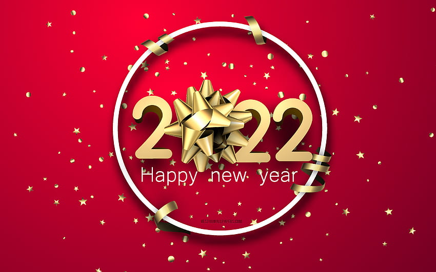 Честита Нова Година 2022, червен фон, 2022 Нова година златен копринен лък, 2022 концепции, 2022 червен фон, Нова година 2022, 2022 поздравителна картичка HD тапет